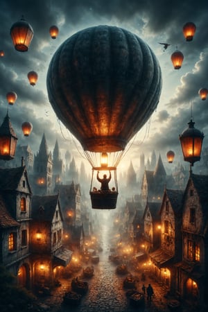 Create an illustration of a person flying in a hot air balloon over a medieval city lit by lanterns.