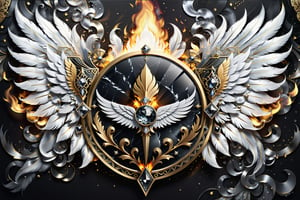 (best quality,  highres,  ultra high resolution,  masterpiece,  realistic,  extremely photograph,  detailed photo,  8K wallpaper,  intricate detail,  film grains), High definition photorealistic, luxurious hyperrealistic poster composition fire and smoke particles simetric holographic foil crystal of a luxury shield with wing, feathers art deco, gothic black and silver iridicente efect, paramertric style and simetric, design marble metal white in gold with ornaments realistic art deco lines, fire smoke caotic swaroski, ligth fugaz, metal black and silver iridicent and marble white gold surrealistic black rays decoration around the poster, gold, hipermaximalistic, with art deco style, high level of image complexity.