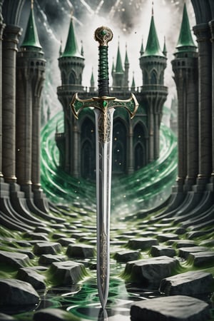 (best quality,  highres,  ultra high resolution,  masterpiece,  realistic,  extremely photograph,  detailed photo,  8K wallpaper,  intricate detail,  film grains),  High definition photorealistic photography of ultra luxury,  Design concept of premium collectible Gothic and Medieval-style sword, background green, set in a chaotic environment with swirling fire particles and a Gothic castle in the background. A luxurious design featuring marble,  glass,  and golden metal,  with black and white details. The design is inspired by the main stage of Tomorrowland 2022,  with ultra-realistic gothic details and a high level of intricacy in the image.
