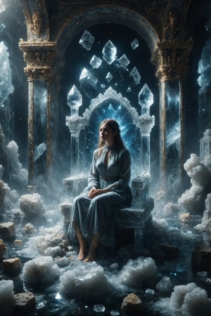 Generate an image of a person sitting on a crystal throne in a floating palace.
