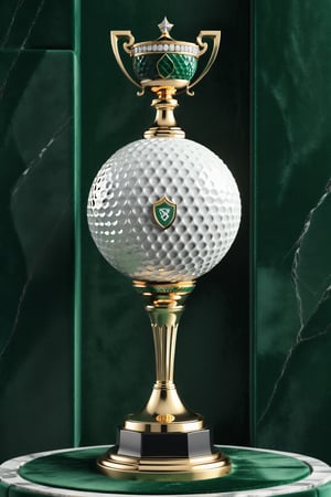 High definition photorealistic render of a luxurious trophy inspiration on golf ball sport, in metal and marble dark green color, in diamond-encrusted metal, with fluid and parametric curves, located on a marble and metal throne, with intricate details, and luxurious velvet fabric full of elegant mystery, symmetrical, geometric and parametric details, Technical design, Ultra intricate details, Ornate details. shutter speed 1/1000, f/22, white balance, vintage aesthetic, retro aesthetic, retro film, dramatic setting, horror film