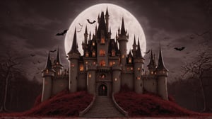 (best quality,  highres,  ultra high resolution,  masterpiece,  realistic,  extremely photograph,  detailed photo,  8K wallpaper,  intricate detail,  film grains),luxurious castle in classic gold and red wine ornament in the middle of a forest with a large bat in marble and metal in the foreground, on Halloween horror night. This is a photographic scene designed with advanced photography, CGI, and VFX parameters, in high definition, ensuring flawless execution. high level of intricacy in the image.