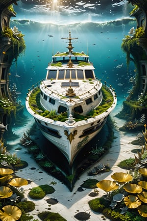 High definition photorealistic render of an incredible and mysterious luxurious abandoned boat with wing, with vining plants and moss, made in white marble with black and gold details in classic abandoned ornament and located on the seabed, with fish sharks marine life, aquatic plants, sea beds, shells and explosion of bubbles