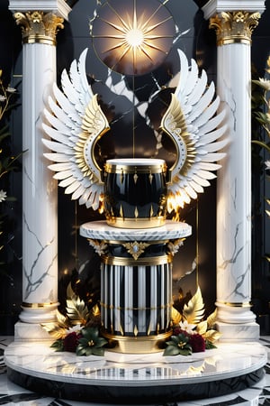 High definition photorealistic render of an incredible and mysterious beautiful and luxurious drums set with intricate gold and white marble details and wings adorning the design, placed on a luxurious column-style throne in black and white marble with crystal and glass with iridescent details and parametric style, located in a daytime landscape with an ice floor, with leaves autumn, many flowers and dry trees, with a strong sun in the background with fire and smoke