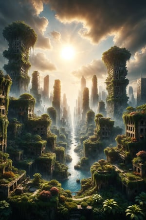 Generate an image of a tiered city built on a ring surrounding the sun, with hanging gardens.