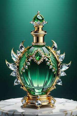 (best quality, highres, ultra high resolution, masterpiece, realistic, extremely photograph, detailed photo, 8K wallpaper, intricate detail, film grains) Photorealistic render in high definition of a majestic perfume made of crystal sculpted in an ornamental parametric style, inlaid with diamonds and precious stones, morphologically and conceptually inspired by a green dragon, its presentation and arrangement, together with the background, must follow the same theme, even the colors, the perfume must be located on a throne of glass and marble and with ornamental details and baroque style, glass with an iridescent effect must be included, and a detailed explosion of the scenery, with fabrics, full of elegant mystery, symmetrical, geometric and parametric, Technical design, Ultra intricate details, Ornate details