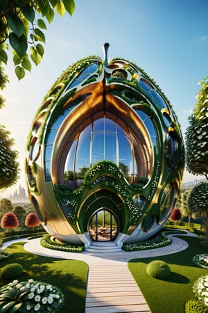 
High definition photorealistic render of an incredible and majestic building in luxurious parametric and biomimetic architecture with a giant pear shape and themed with this fruit, with luxurious windows, in isometric view, surrounded by vines and climbing plants covering the facade and wooden trunks with suspended gardens in the air and roots intertwined in a landscape surrounded by nature, flowers, sculptures and apple trees with details in marble and luxurious gold metal with hypermaximalist details in art deco, marble, metal and parametric glass zaha hadid
​
