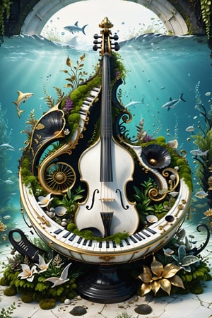 High definition photorealistic render of an incredible and mysterious luxurious abandoned Old Musical Instruments with wing, with vining plants and moss, made in white marble with black and gold details in classic abandoned ornament and located on the seabed, with fish sharks marine life, aquatic plants, sea beds, shells and explosion of bubbles