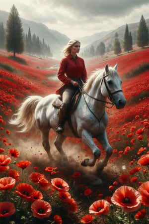 Design a scene of a person riding a white horse through a field of red poppies.