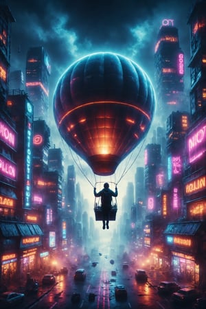 Create an illustration of a person flying in a hot air balloon over a futuristic city lit by neon lights.