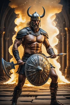 (best quality,  highres,  ultra high resolution,  masterpiece,  realistic,  extremely photograph,  detailed photo,  8K wallpaper,  intricate detail,  film grains),  High definition photorealistic photography of ultra luxury,  Design concept of premium collectible Gothic and Medieval-style viking gladiator men full body with Shield and axe, in yellow neon background, set in a chaotic environment with swirling fire particles and a Gothic castle in the background. A luxurious design featuring marble,  glass,  and golden metal,  with black and white details. The design is inspired by the main stage of Tomorrowland 2022,  with ultra-realistic gothic details and a high level of intricacy in the image.