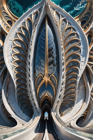 (best quality,  highres,  ultra high resolution,  masterpiece,  realistic,  extremely photograph,  detailed photo,  8K wallpaper,  intricate detail,  film grains), luxurious parametric sculpture in marble on a under sea, in metal of a mega rocket with giant glass wings, inspired by the sculptural designs of Zaha Hadid, it must be symmetrical and with shapes similar to the wings, and in the middle there must be a sword with a throne-style gothic design and general everything with very fluid curves and pointed corners, an aggressive and imposing design with a lot of details in each parametric curve, the design should be inside a castle with marble, details in precious stones