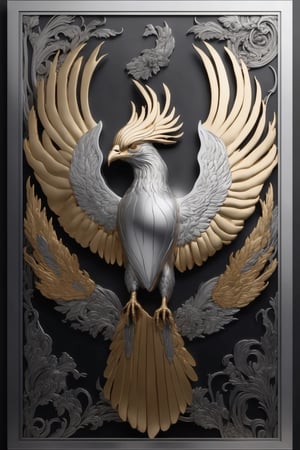 whole phoenix bird, in embossed aluminum, portrait, poster, realistic, black and white gold details with art deco style
