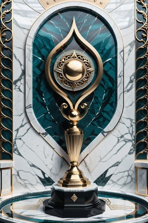 High definition photorealistic render of a luxurious trophy inspiration on swimming man sport, in metal and marble dark celest color, in diamond-encrusted metal, with fluid and parametric curves, located on a marble and metal throne, with intricate details, and luxurious velvet fabric full of elegant mystery, symmetrical, geometric and parametric details, Technical design, Ultra intricate details, Ornate details. shutter speed 1/1000, f/22, white balance, vintage aesthetic, retro aesthetic, retro film, dramatic setting, horror film