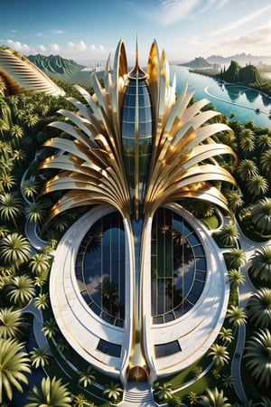 High definition photorealistic render of an incredible and mysterious parametric building shaped like a palm tree and themed in a palm tree, in a landscape surrounded by nature with details in marble and luxurious gold metal with hypermaximalist details in art deco, marble, metal and parametric glass zaha hadid