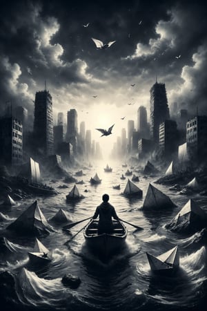 Create an illustration of a person sailing in a paper boat on a river of black ink.