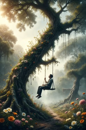 Create an illustration of a person sitting on a swing made of branches and flowers, hanging from a giant tree.