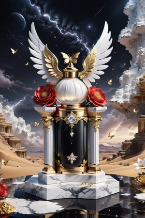 High definition photorealistic render of an incredible and mysterious beautiful and luxurious feminine Perfume  with intricate gold and white marble details and with wings adorning the design, placed on a luxurious column-style throne in black and white marble with crystal and glass with iridescent details and parametric style, located in a desert night landscape, a sky visible to interstellar space, with asteroids, space matter, galaxies, lightning, rain and stars with flowers, white and red feathers and butterflies, a surreal scene with floating sands
