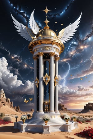 High definition photorealistic render of an incredible and mysterious beautiful and luxurious feminine casttle with intricate gold and white marble details and with wings adorning the design, placed on a luxurious column-style  in black and white marble with crystal and glass with iridescent details and parametric style, located in a desert night landscape, a sky visible to interstellar space, with asteroids, space matter, galaxies, lightning, rain and stars with flowers, white and red feathers and butterflies, a surreal scene with floating sands
