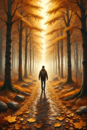 Create an illustration of a person walking on a path of golden leaves in an autumn forest.
