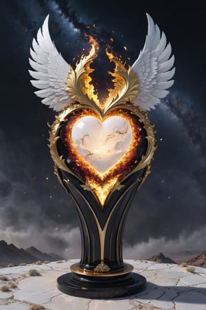 High definition photorealistic render of an incredible and mysterious beautiful and luxurious feminine luxurious fire heart with intricate gold and white marble details and with wings adorning the design, placed on a luxurious column-style in black and white marble with crystal and glass with iridescent details and parametric style, located in a desert night landscape, a sky visible to interstellar space, with asteroids, space matter, galaxies, lightning, rain and stars with flowers, white and red feathers and butterflies, a surreal scene with floating sands
