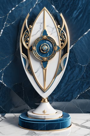 High definition photorealistic render of a luxurious trophy inspiration on surf sport,  in metal and marble blue and withe, in diamond-encrusted metal, with fluid and parametric curves, located on a marble and metal throne, with intricate details, and luxurious velvet fabric full of elegant mystery, symmetrical, geometric and parametric details, Technical design, Ultra intricate details, Ornate details. shutter speed 1/1000, f/22, white balance, vintage aesthetic, retro aesthetic, retro film, dramatic setting, horror film