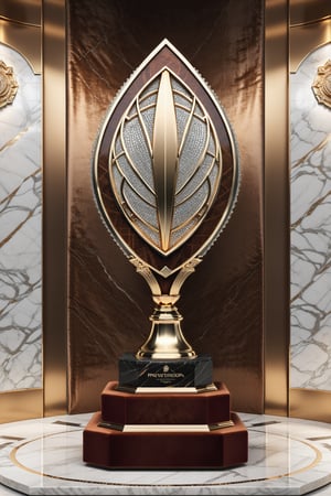 High definition photorealistic render of a luxurious trophy inspiration on rugby, in metal and marble brown rugby color, in diamond-encrusted metal, with fluid and parametric curves, located on a marble and metal throne, with intricate details, and luxurious velvet fabric full of elegant mystery, symmetrical, geometric and parametric details, Technical design, Ultra intricate details, Ornate details. shutter speed 1/1000, f/22, white balance, vintage aesthetic, retro aesthetic, retro film, dramatic setting, horror film