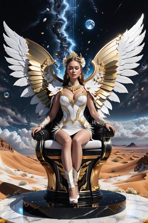 High definition photorealistic render of an incredible and mysterious beautiful and luxurious dress with intricate gold and white marble details and with wings adorning the design, placed on a luxurious column-style throne in black and white marble with crystal and glass with iridescent details and parametric style, located in a desert night landscape, a sky visible to interstellar space, with asteroids, space matter, galaxies, lightning, rain and stars with flowers, white and red feathers and butterflies, a surreal scene with floating sands
​
