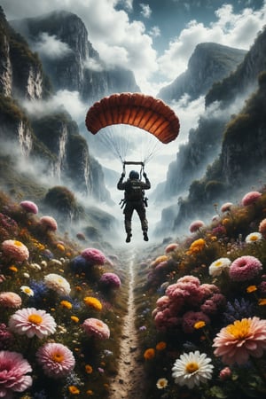 Generate an image of a person parachuting over a valley full of flowers.