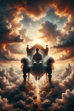 Design a scene of a person sitting on a throne made of clouds, floating in the sky at sunset.