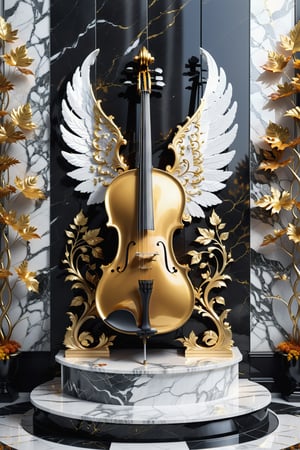 High definition photorealistic render of an incredible and mysterious beautiful and luxurious cello with intricate gold and white marble details and wings adorning the design, placed on a luxurious column-style throne in black and white marble with crystal and glass with iridescent details and parametric style, located in a daytime landscape with an ice floor, with leaves autumn, many flowers and dry trees, with a strong sun in the background with fire and smoke