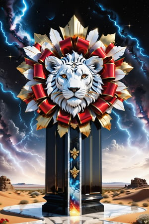 High definition photorealistic render of an incredible and mysterious beautiful and luxurious decorative bow made of ribbon with form of a lion, symmetrical and parametric fire with intricate gold and white marble details, placed on a luxurious column-style in black and white marble with crystal and glass with iridescent details and parametric style, located in a desert night landscape, a sky visible to interstellar space, with asteroids, space matter, galaxies, lightning, rain and stars with flowers, white and red feathers, a surreal scene with floating sands
