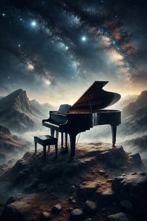 Generate an image of a person playing a piano on top of a mountain under a shower of stars.
