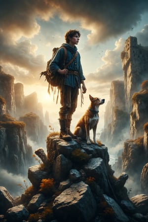 Create an image of the Tarot card "The Fool," depicting a young adventurer on the edge of a cliff with a dog by his side.