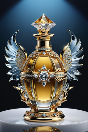 (best quality, highres, ultra high resolution, masterpiece, realistic, extremely photograph, detailed photo, 8K wallpaper, intricate detail, film grains) Photorealistic render in high definition of a majestic perfume made of sculpted crystal in an ornamental parametric style, inlaid with diamonds and precious stones, morphologically and conceptually inspired by a yellow yacht with wings, its presentation and arrangement, together with the background, must follow the same theme, even the colors, the perfume must be located on a throne of glass and marble and with ornamental details and baroque style, glass with an iridescent effect must be included, and a detailed explosion of the scenery, with fabrics, full of elegant mystery, symmetrical details, geometric and parametric, Technical design, Ultra intricate details, Ornate details