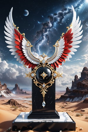 High definition photorealistic render of an incredible and mysterious beautiful and luxurious feminine Necklace with intricate gold and white marble details and with wings adorning the design, placed on a luxurious column-style throne in black and white marble with crystal and glass with iridescent details and parametric style, located in a desert night landscape, a sky visible to interstellar space, with asteroids, space matter, galaxies, lightning, rain and stars with flowers, white and red feathers and butterflies, a surreal scene with floating sands
