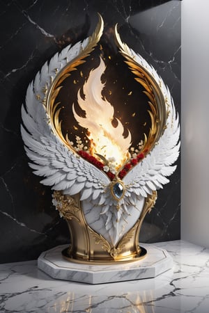 High definition photorealistic render of an incredible and mysterious beautiful and luxurious feminine luxurious fire hearth corazon with intricate gold and white marble details and with wings adorning the design, placed on a luxurious column-style in black and white marble with crystal and glass with iridescent details and parametric style, located in a desert night landscape, a sky visible to interstellar space, with asteroids, space matter, galaxies, lightning, rain and stars with flowers, white and red feathers and butterflies, a surreal scene with floating sands
