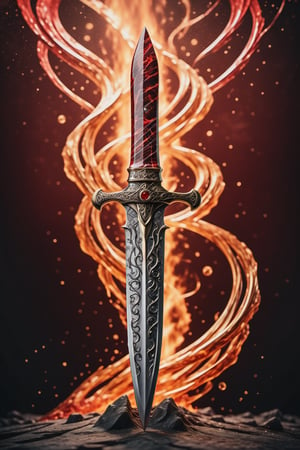 (best quality,  highres,  ultra high resolution,  masterpiece,  realistic,  extremely photograph,  detailed photo,  8K wallpaper,  intricate detail,  film grains),  High definition photorealistic photography of ultra luxury,  Design concept of premium collectible Gothic and Medieval-style Dagger, background red, set in a chaotic environment with swirling fire particles and a Gothic castle in the background. A luxurious design featuring marble,  glass,  and golden metal,  with black and white details. The design is inspired by the main stage of Tomorrowland 2022,  with ultra-realistic gothic details and a high level of intricacy in the image.