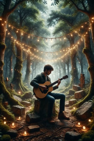 Design a scene of a person playing a guitar in a magical forest lit by fairy lights.