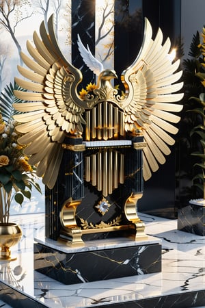 High definition photorealistic render of an incredible and mysterious beautiful and luxurious xylophone with intricate gold and white marble details and wings adorning the design, placed on a luxurious column-style throne in black and white marble with crystal and glass with iridescent details and parametric style, located in a daytime landscape with an ice floor, with leaves autumn, many flowers and dry trees, with a strong sun in the background with fire and smoke