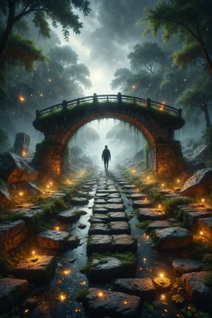 Design a scene of a person walking on an ancient stone bridge over a river filled with fireflies.