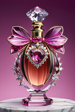 Photorealistic render in high definition of a majestic perfume made of sculpted crystal in an ornamental parametric style, inlaid with diamonds and precious stones, morphologically and conceptually inspired by a fuchsia bowtie with a fuchsia background, its presentation and arrangement, together with the background, must follow the same theme, the background must also be fuchsia in marble, including the colors, the perfume must be located on a glass and marble throne and with ornamental details and a baroque style, glass with an iridescent effect must be included, and a detailed explosion of the scenery, with fabrics, full of elegant mystery, symmetrical, geometric and parametric details, Technical design, Ultra intricate details, Ornate details