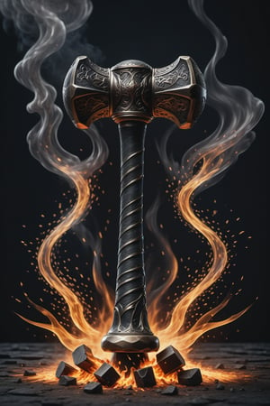 (best quality, high resolution, masterpiece, realistic, extremely detailed photography, 8K wallpaper, intricate details, film grains), ultra luxury high definition photorealistic photography, design concept of a premium collectible gothic hammer , the background should be black, set in a chaotic environment with swirling fire particles and a gothic castle in the background with smoke. 
