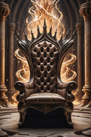(best quality,  highres,  ultra high resolution,  masterpiece,  realistic,  extremely photograph,  detailed photo,  8K wallpaper,  intricate detail,  film grains),  High definition photorealistic photography of ultra luxury,  Design concept of premium collectible  brown Gothic and Medieval-style throne, background brown, set in a chaotic environment with swirling fire brown efect particles and a Gothic castle in the background. A luxurious design featuring marble,  glass,  and golden metal,  with black and white details. The design is inspired by the main stage of Tomorrowland 2022,  with ultra-realistic gothic details and a high level of intricacy in the image.