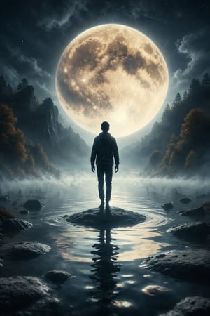 Create an image of a person walking on water in a lake illuminated by a giant full moon.