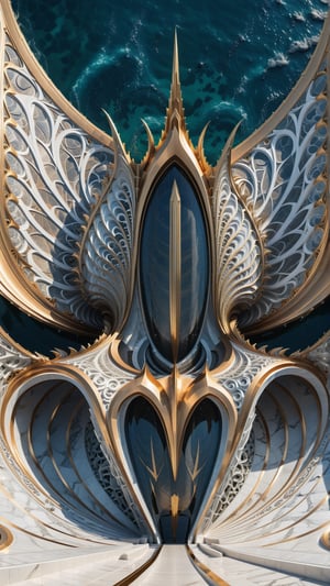 (best quality,  highres,  ultra high resolution,  masterpiece,  realistic,  extremely photograph,  detailed photo,  8K wallpaper,  intricate detail,  film grains), luxurious parametric sculpture in marble on a under sea, in metal of a mega rocket with giant glass wings, inspired by the sculptural designs of Zaha Hadid, it must be symmetrical and with shapes similar to the wings, and in the middle there must be a sword with a throne-style gothic design and general everything with very fluid curves and pointed corners, an aggressive and imposing design with a lot of details in each parametric curve, the design should be inside a castle with marble, details in precious stones