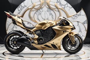 High definition photorealistic render of a luxury super bike in yacht very sculptural and with fluid and organic shapes, with symmetrical curves in the shape of dragon wings in background marble black & white details gold, inspired by the style of Zaha Hadid, gold, with black and white details. The design is inspired by the Tomorrowland 2022 main stage, with ultra-realistic Art Deco details and a high level of image complexity