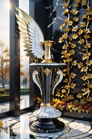 High definition photorealistic render of an incredible and mysterious beautiful and luxurious trumpet with intricate gold and white marble details and wings adorning the design, placed on a luxurious column-style throne in black and white marble with crystal and glass with iridescent details and parametric style, located in a daytime landscape with an ice floor, with leaves autumn, many flowers and dry trees, with a strong sun in the background with fire and smoke