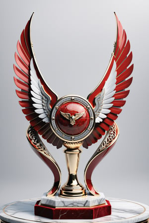 High definition photorealistic render of a luxurious luxurious trophy of a f1 car with wings, details in metal and red marble, inlaid with diamonds, with fluid and parametric curves, located on a marble and metal throne, with intricate details, and luxurious velvet fabric,  full of elegant mystery, symmetrical, geometric and parametric details, Technical design, Ultra intricate details, Ornate details. shutter speed 1/1000, f/22, white balance, vintage aesthetic, retro aesthetic, retro film, dramatic setting, horror film