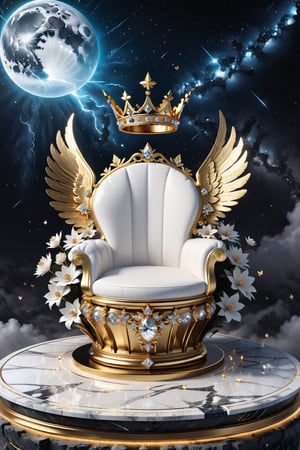 High definition photorealistic render of an incredible and mysterious beautiful and luxurious feminine luxurious crown  with intricate gold and white marble details and with wings adorning the design, placed on a luxurious column-style throne in black and white marble with crystal and glass with iridescent details and parametric style, located in a desert night landscape, a sky visible to interstellar space, with asteroids, space matter, galaxies, lightning, rain and stars with flowers, white and red feathers and butterflies, a surreal scene with floating sands
